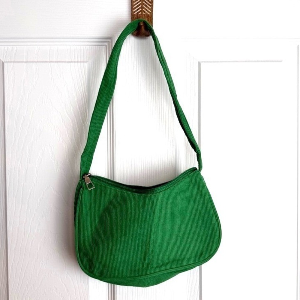 Corduroy Baguette Shoulder Bag Green Retro Zip Purse Y2K Indie Minimalist Boho - Picture 3 of 7